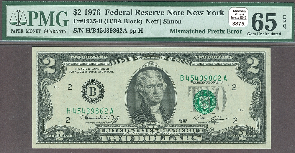 Fr.1935-B Error, 1976 $2 FRN Mismatched Prefix Error, GemCU